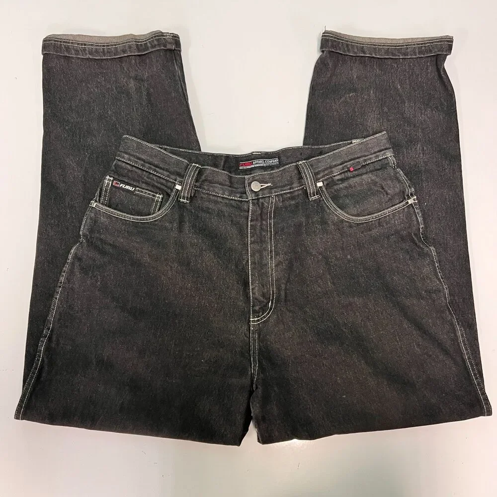 Vintage FUBU Baggy Jeans Mens 36x34 Black Y2K Hip Hop Skater Denim Wide Leg